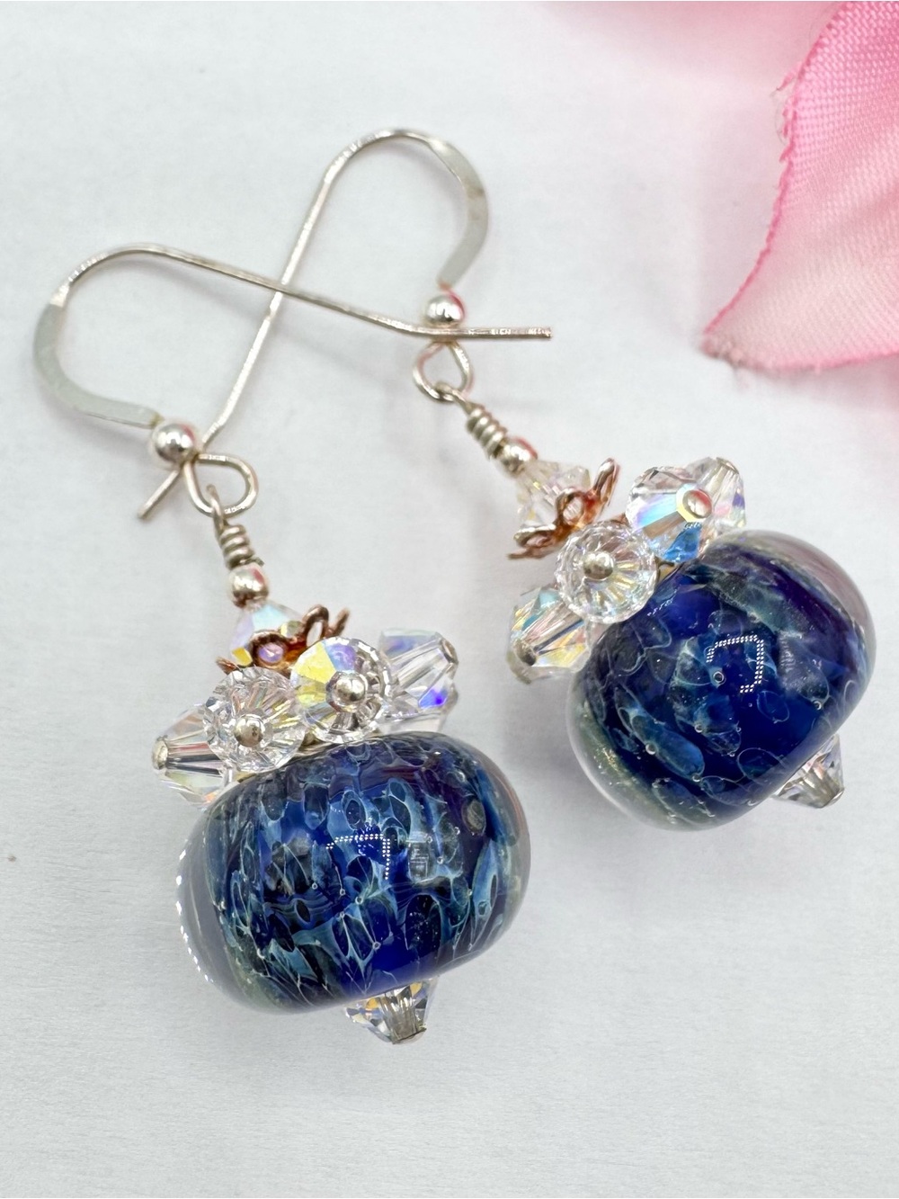 Blue Murano Style Art Glass Bead Earrings AB Bicone Beads Ethereal Jellyfish